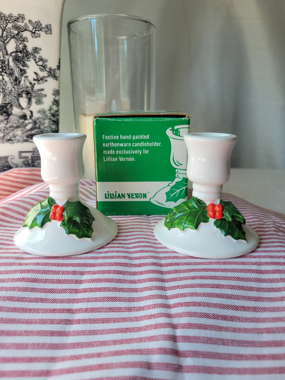 Lillian Vernon Vintage Holiday Holly Ceramic Candle Holders - Set of 2